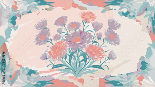 A pastel floral arrangement featuring pink and purple flowers with a decorative border design around it