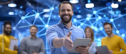 Smiling Businessman Offering Handshake with Team Members in Modern Office Setting with Digital Connectivity Background
