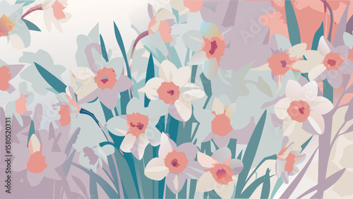 A pastel floral arrangement featuring daffodils with white petals and peach centers, soft and dreamy look