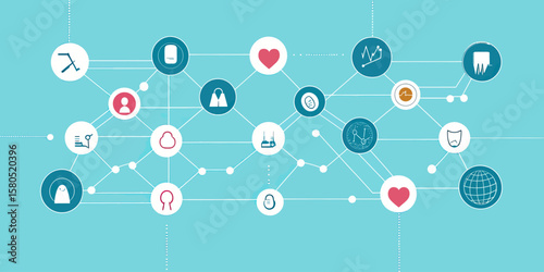 Connected medical and health network icons with global business concept in flat minimalist vector style on blue background showing healthcare and communication symbols