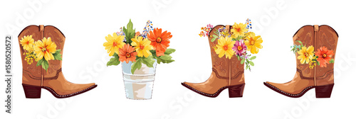 Vintage brown cowboy boots decorated with colorful spring flower bouquets and potted floral arrangements in flat vector style isolated on white background