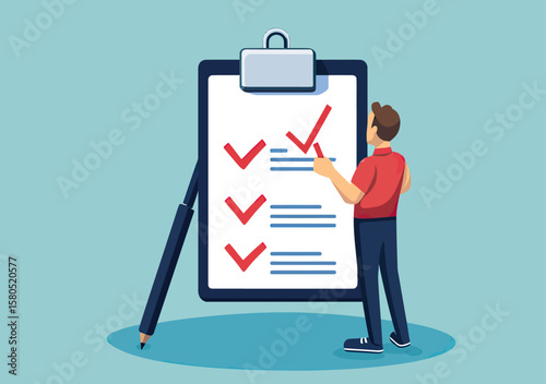 Businessman marking checklist with red check marks on large clipboard paper using pen in flat minimalist vector style concept for task completion and project management