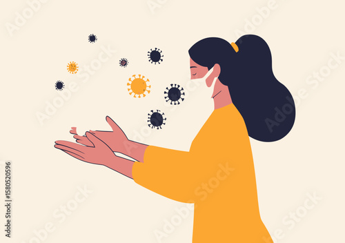 Woman wearing face mask washing hands with soap foam and virus particles floating around to prevent infection and promote hygiene protection concept