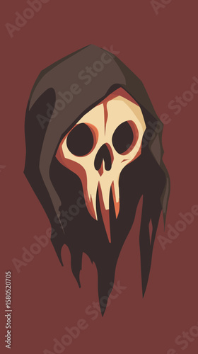 Minimalist stylized reaper skull head with dark hood cloak flat vector illustration on maroon background horror concept design