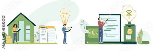 People managing home utility bills and electric expenses with digital devices and eco friendly housing sustainability concept in flat vector style