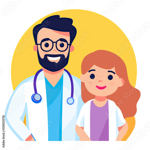 Smiling male doctor with beard and glasses standing next to cheerful young female patient in medical coats vector illustration healthcare professional and child concept background