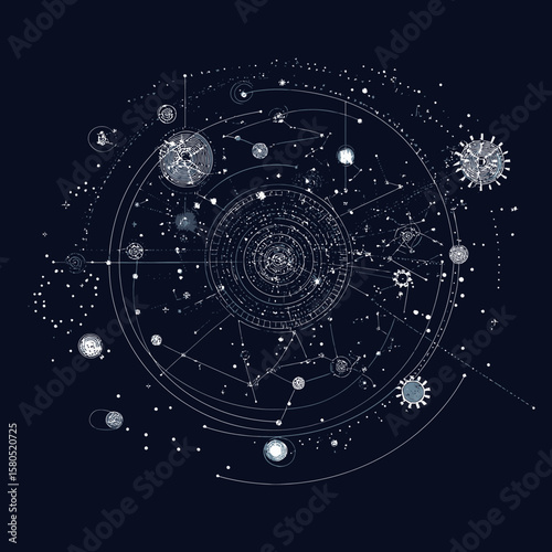 Abstract cosmic star map with interconnected planetary gears and constellation lines in futuristic space technology design on dark background