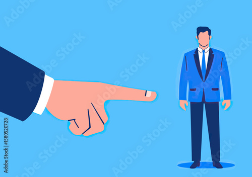 Large hand finger pointing at businessman in blue suit on blue background concept of direction guidance decision making and motivation in flat style vector illustration