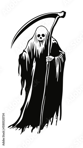 Minimalist black and white vector illustration of grim reaper holding scythe with tattered cloak and skull face spooky death character