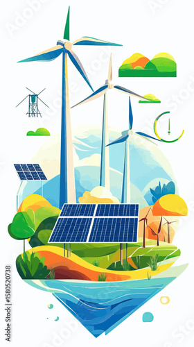 Renewable energy landscape with wind turbines, solar panels, green hills, and clean water illustration in flat minimalist style