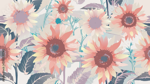 Wallpaper Mural A pastel floral pattern featuring sunflowers and leaves with a soft and dreamy aesthetic appeal design Torontodigital.ca