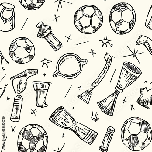 Seamless vector pattern of hand drawn soccer balls, trophies, sports water bottles, whistles, cleats, and referee cards in black doodle sketch style on white background