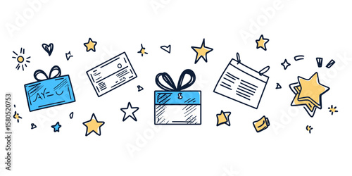 Hand drawn doodle style gift cards, loyalty coupons, tickets, vouchers and reward star icons set with minimalist flat design elements and blue accents