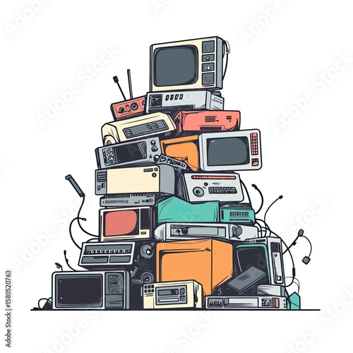 Stack of obsolete vintage electronics including televisions radios printers microwaves and computers piled as electronic waste vector illustration