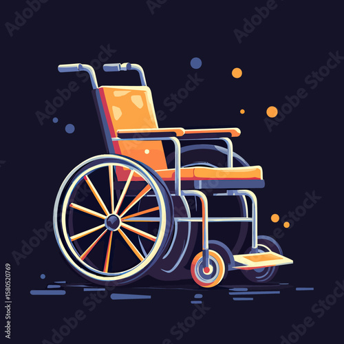 Minimalist flat style bright orange wheelchair icon on dark background with detailed wheels and armrests for disability aid and mobility illustration design
