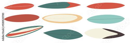 Set of ten colorful minimalist surfboards in various shapes and designs on white background flat vector illustration for beach water sports and surfing lifestyle equipment concept