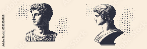 Antique Greek statue busts vector illustration with halftone stipple effect vintage grunge style minimalist collage elements classical sculpture art
