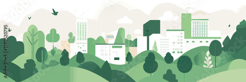 Green cityscape with sustainable buildings surrounded by lush trees and rolling hills in flat minimalist vector style illustrating urban environmental harmony and eco friendly living concept