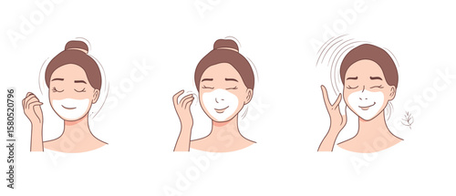Young woman applying and removing facial sheet mask skincare routine steps flat vector illustration set for beauty hygiene moisturizing and self care concept art