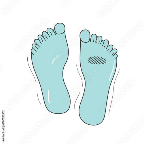 Minimalist flat vector illustration of two blue feet soles with toes and one foot showing massage reflexology pressure point area mark on white background for health and wellness concept