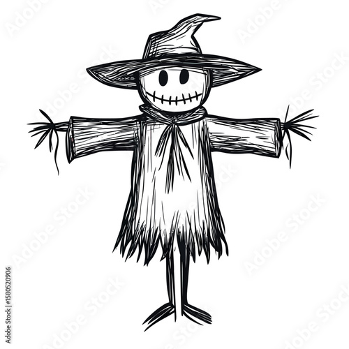 Hand drawn black and white sketch of spooky scarecrow with stitched smile wearing wide brim hat and tattered clothes in doodle line art style isolated on white background vector illustration