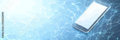 Futuristic smartphone with glowing digital network connections and abstract blue polygonal technology background representing modern communication and data flow concept