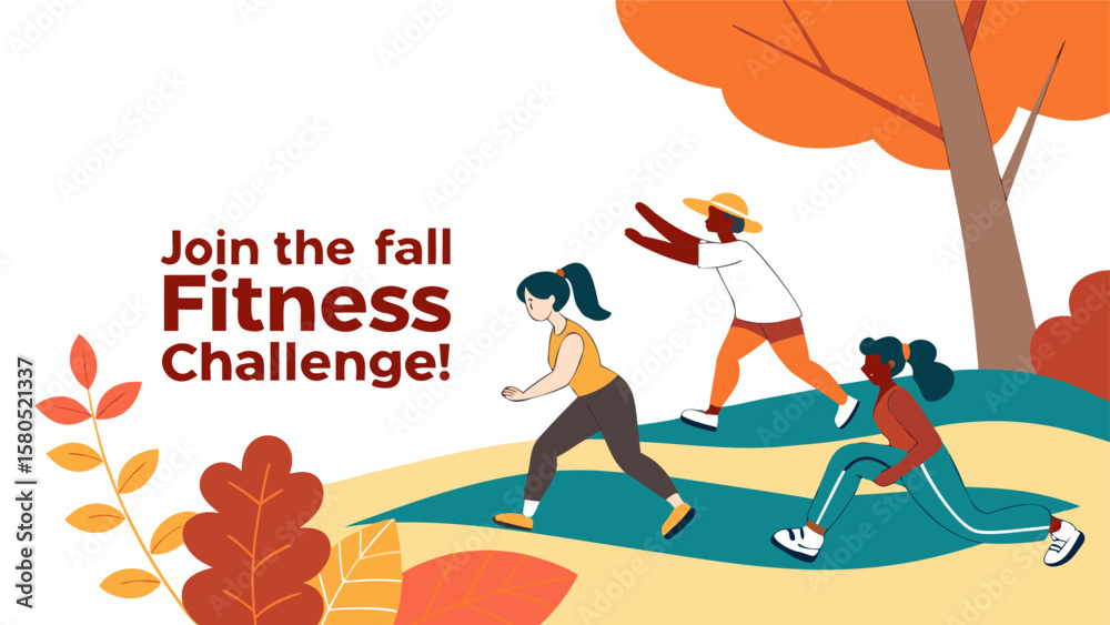 Obraz premium Join the fall fitness challenge with diverse people exercising outdoors amidst autumn foliage and vibrant colors promoting healthy lifestyle and activity