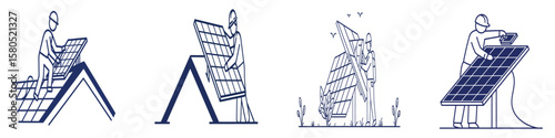 Minimal Line Art of Worker Installing Solar Panel