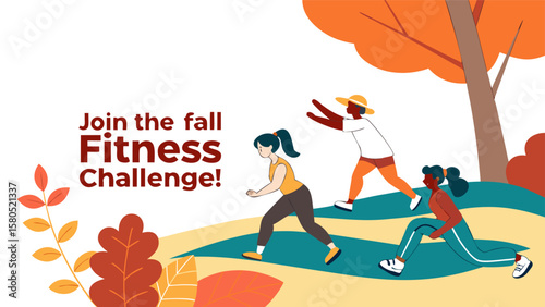 Join the fall fitness challenge with diverse people exercising outdoors amidst autumn foliage and vibrant colors promoting healthy lifestyle and activity