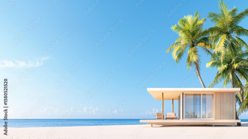 Obraz premium Minimalist beach house surrounded by palm trees, with clear blue sky and calm ocean waves creating serene atmosphere