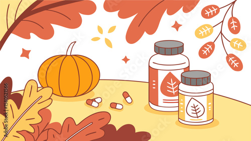 Autumnal health and wellness with a pumpkin and two bottles of supplements surrounded by colorful fall leaves and scattered pills