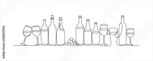 Minimalist Wine Bottle and Glass Line Art Illustration
