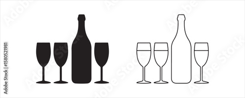 Wine Bottle and Glasses Icon Set – Solid and Outline Vector Style