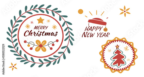 Festive christmas and happy new year celebration design with holly and ornaments