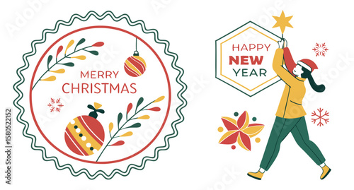 Festive christmas and happy new year wishes with decorative labels and banners