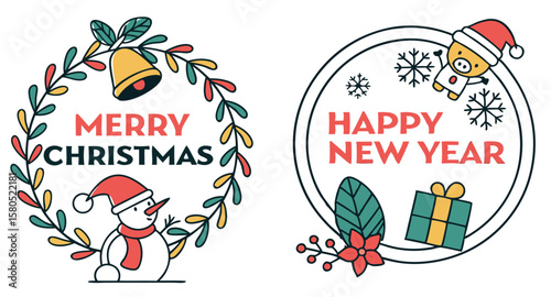 Festive christmas and happy new year wishes banner with labels and decorative elements