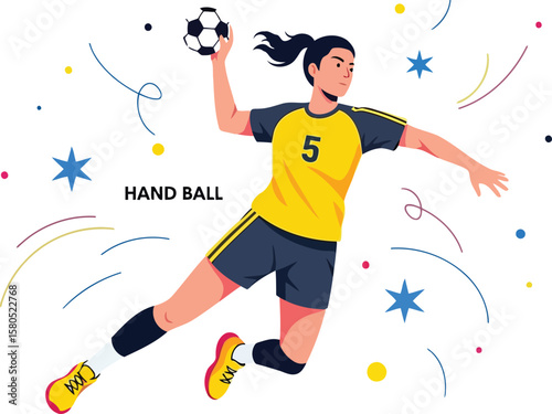 Female Handball Player Jumping and Throwing Ball Vector Illustration: Dynamic Athlete Action, Sport Competition, Team Game, Goal Scoring, Modern Design.