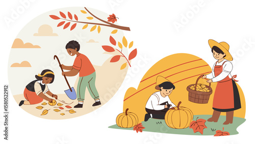 Diverse children enjoying autumn harvest activities raking leaves and picking pumpkins in a stylized flat illustration