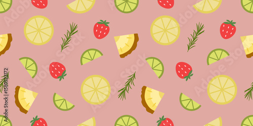 Colorful seamless pattern with tropical fruit slices,strawberries, lemons, limes, pineapples and herbs. Fun and summery design for packaging, invitations, wrapping, textiles and digital prints