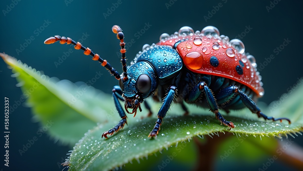 Naklejka premium Close up macro shot of a colorful beetle with water droplets on a green leaf plant