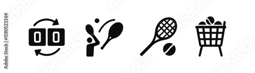 Tennis solid icon set. sport, equipment, match symbols in bold style