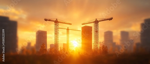 Construction Site Silhouettes at Sunset with Cranes and Buildings Against a Colorful Sky in Urban Environment