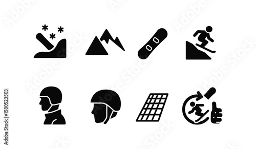 Winter sports solid icon set. skiing, snowboarding, and equipment symbols collection