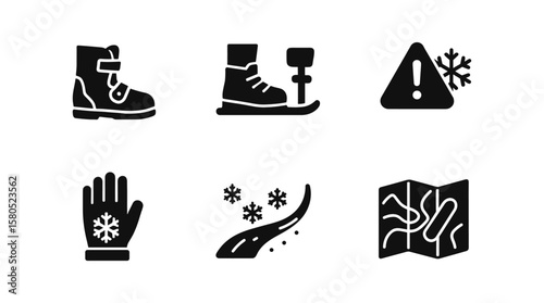 Winter safety solid icon set. snow, weather, travel, alert, boots, gloves, map symbols