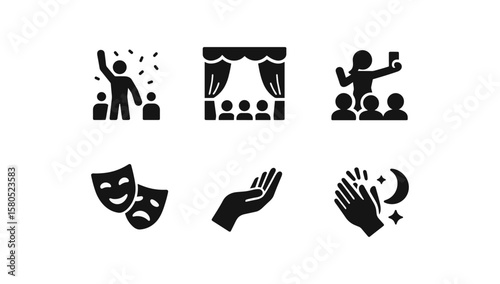 Theater, performance solid icon set. stage, audience, applause icons filled collection