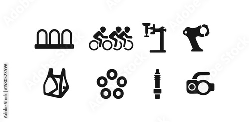 Cycling equipment solid icon set. essential bicycle accessory solid icons collection