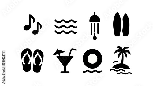 Music, beach silhouette icon set. summer vibes and holiday adventure symbols collection