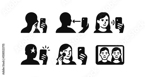 Social media, selfie silhouette icon set. smartphone, person, communication icons