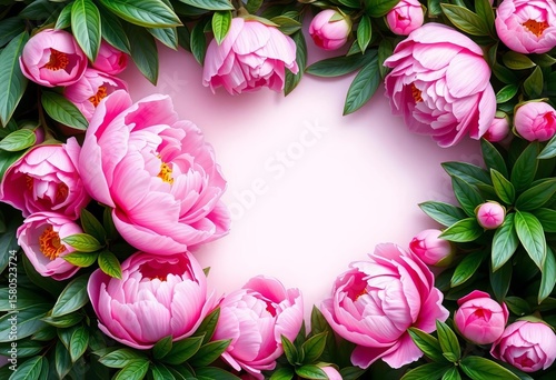 Soft pink peony blossoms and lush green leaves create a captivating floral frame ,  floral design,   overhead