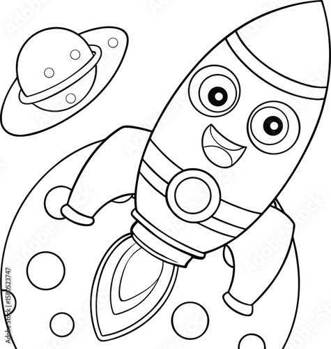 Cartoon rocket ship landed on moon surface in space scene Vector illustration